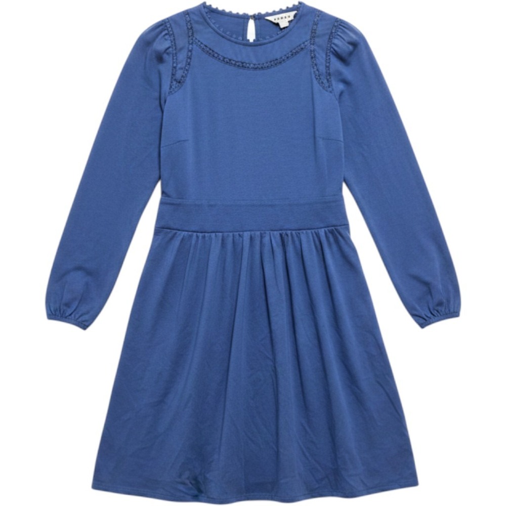 Boden Lace Trim Cotton Modal Dress Blue Long Sleeve Fit & Flare Pockets US 2P